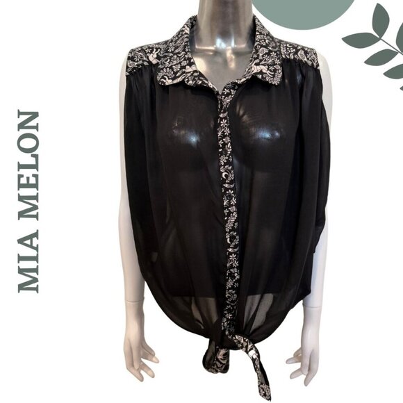 Sleeveless Sheer Top Woodland Print Collar | Button Down | Mia Melon | Size L - Picture 1 of 7